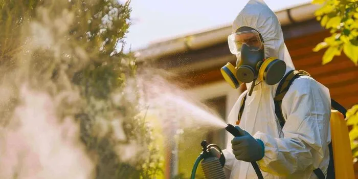 Ironbark technician in protective equipment treating garden harbourage areas around a Brisbane property.