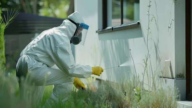 Licensed technician applying a chemical termite barrier around the base of a Brisbane home's external wall.